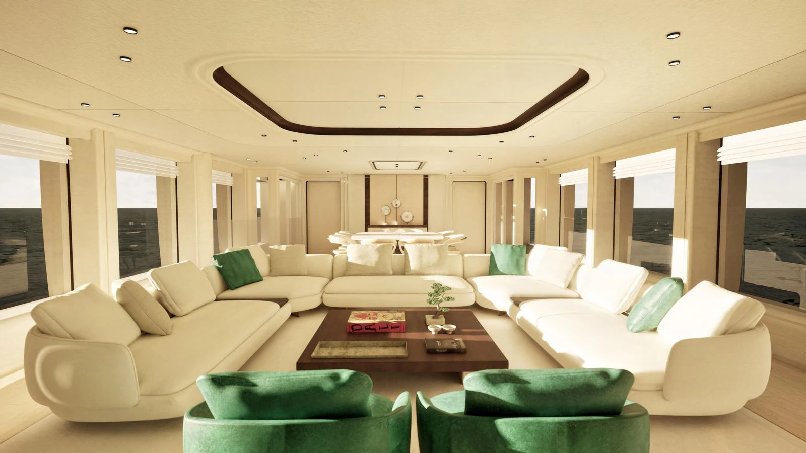 The salon features plush seating and panoramic windows, offering a luxurious and inviting space for relaxation. aboard 126' AMER F126 Yacht for Sale