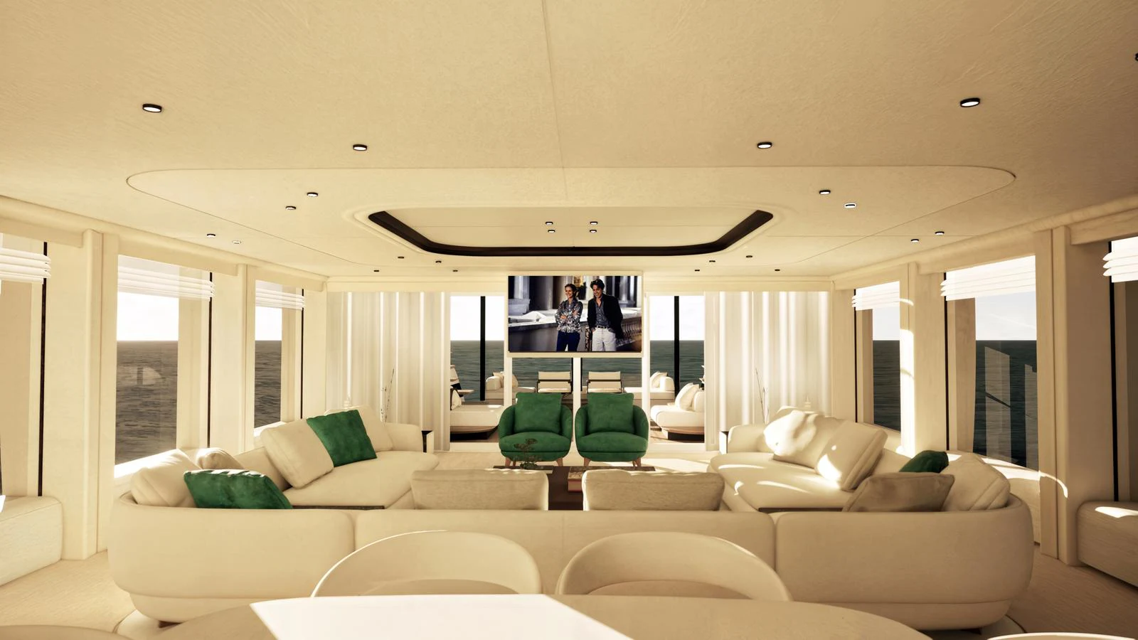 The spacious salon features luxurious seating and a large flat-screen TV, creating an inviting atmosphere for relaxation and entertainment. aboard 126' AMER F126 Yacht for Sale