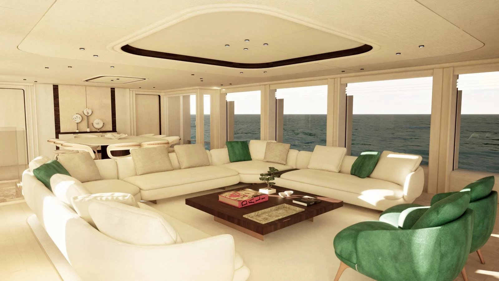 The salon features plush seating with panoramic ocean views, creating a serene and inviting atmosphere. aboard 126' AMER F126 Yacht for Sale
