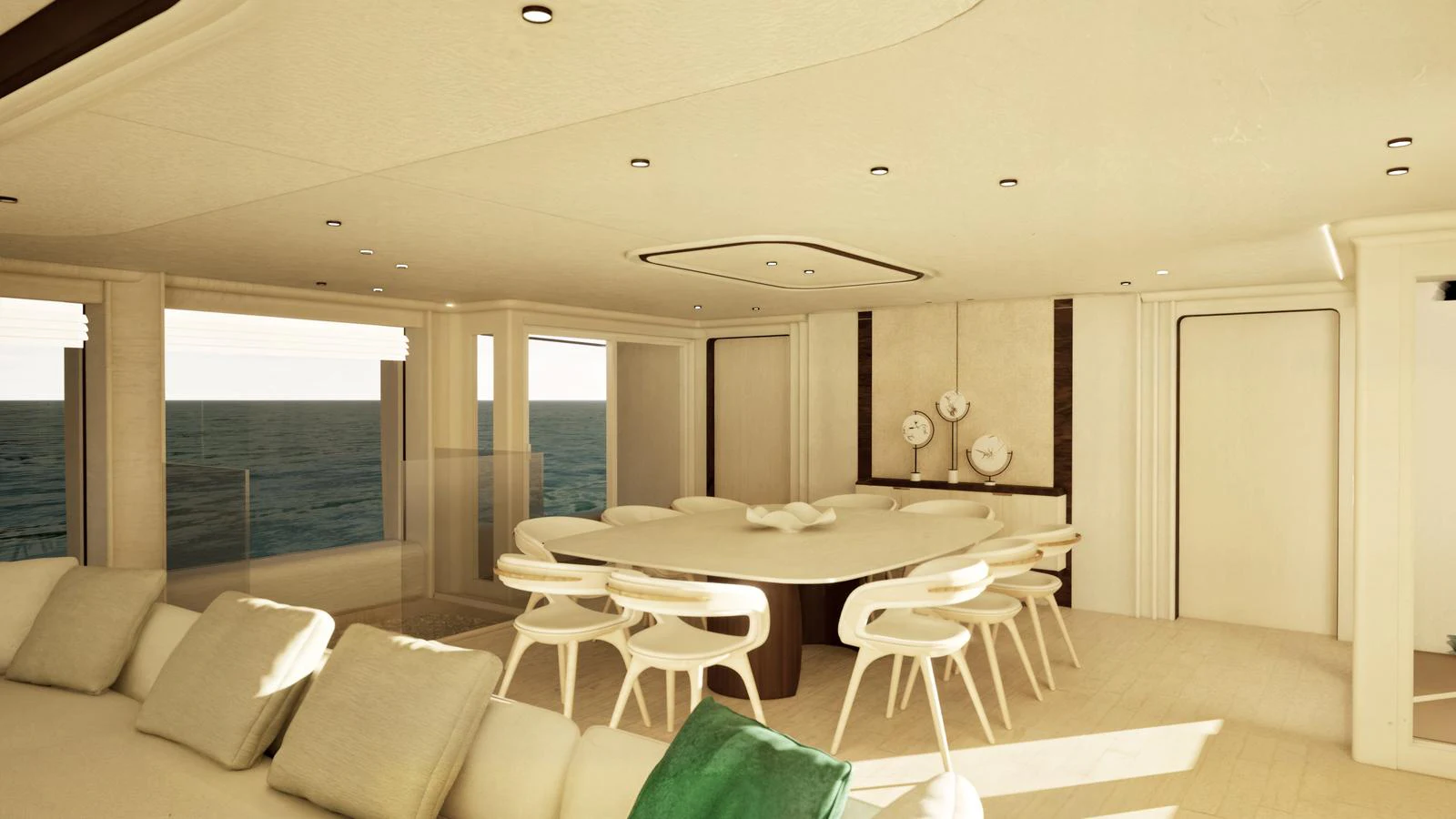 The yacht's salon features a spacious and elegant dining area with panoramic ocean views. aboard 126' AMER F126 Yacht for Sale