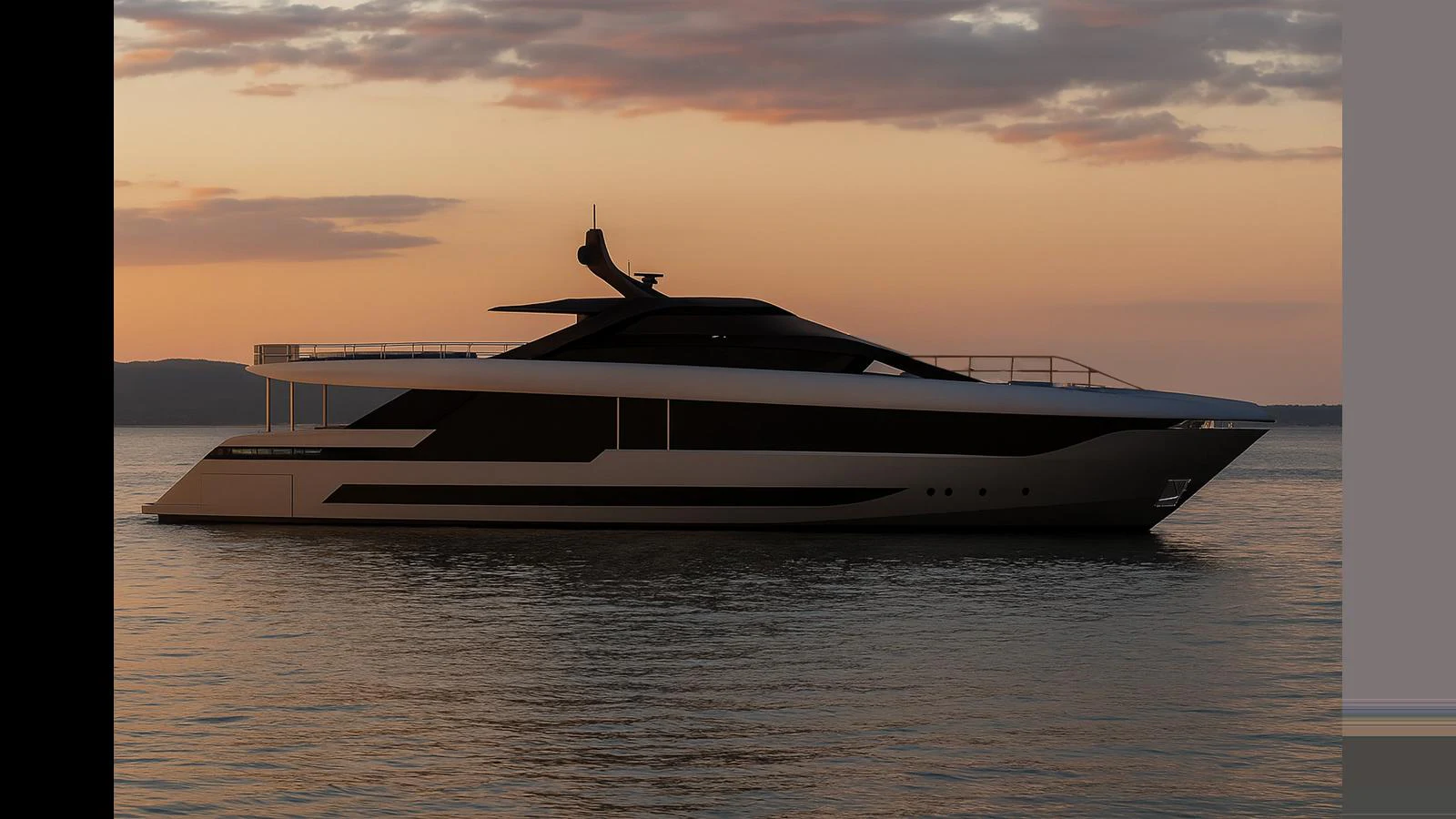 A sleek and modern yacht is silhouetted against a serene sunset on calm waters. aboard 126' AMER F126 Yacht for Sale