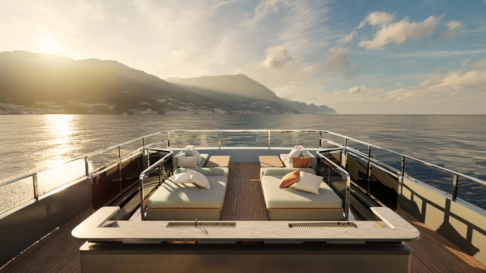 The sundeck offers luxurious lounging with breathtaking ocean views and plush seating. aboard 126' AMER F126 Yacht for Sale