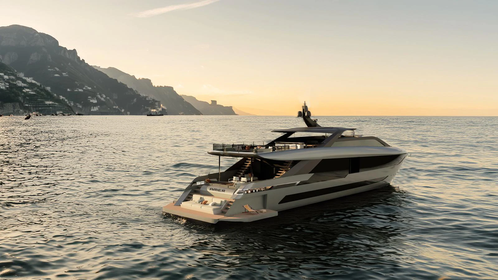A sleek and modern yacht cruises at sunset with a stunning coastal backdrop. aboard 126' AMER F126 Yacht for Sale