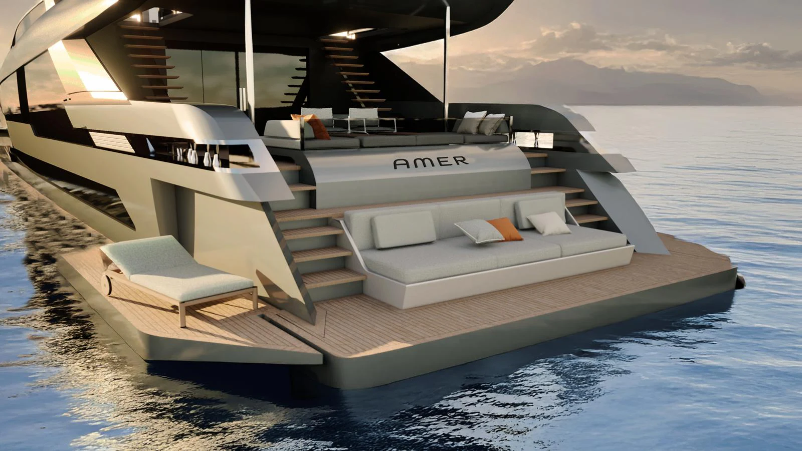 The aft deck of this luxurious yacht features a stylish lounging area with comfortable seating and a sunbed, perfect for relaxation. aboard 126' AMER F126 Yacht for Sale