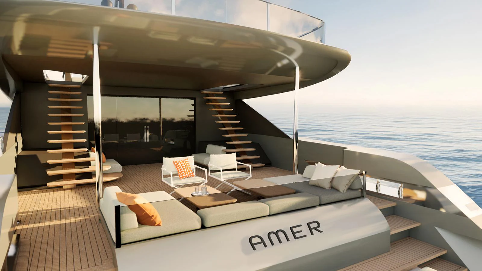 The aft deck features a spacious lounging area with comfortable seating and modern design. aboard 126' AMER F126 Yacht for Sale