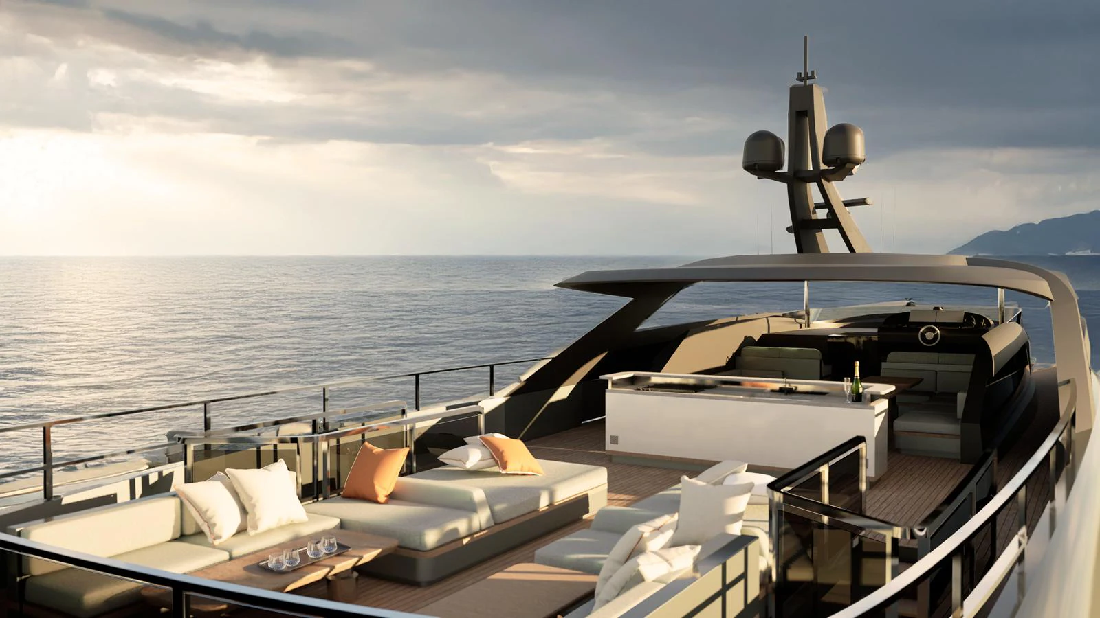 The sundeck offers luxurious lounging areas with panoramic ocean views. aboard 126' AMER F126 Yacht for Sale