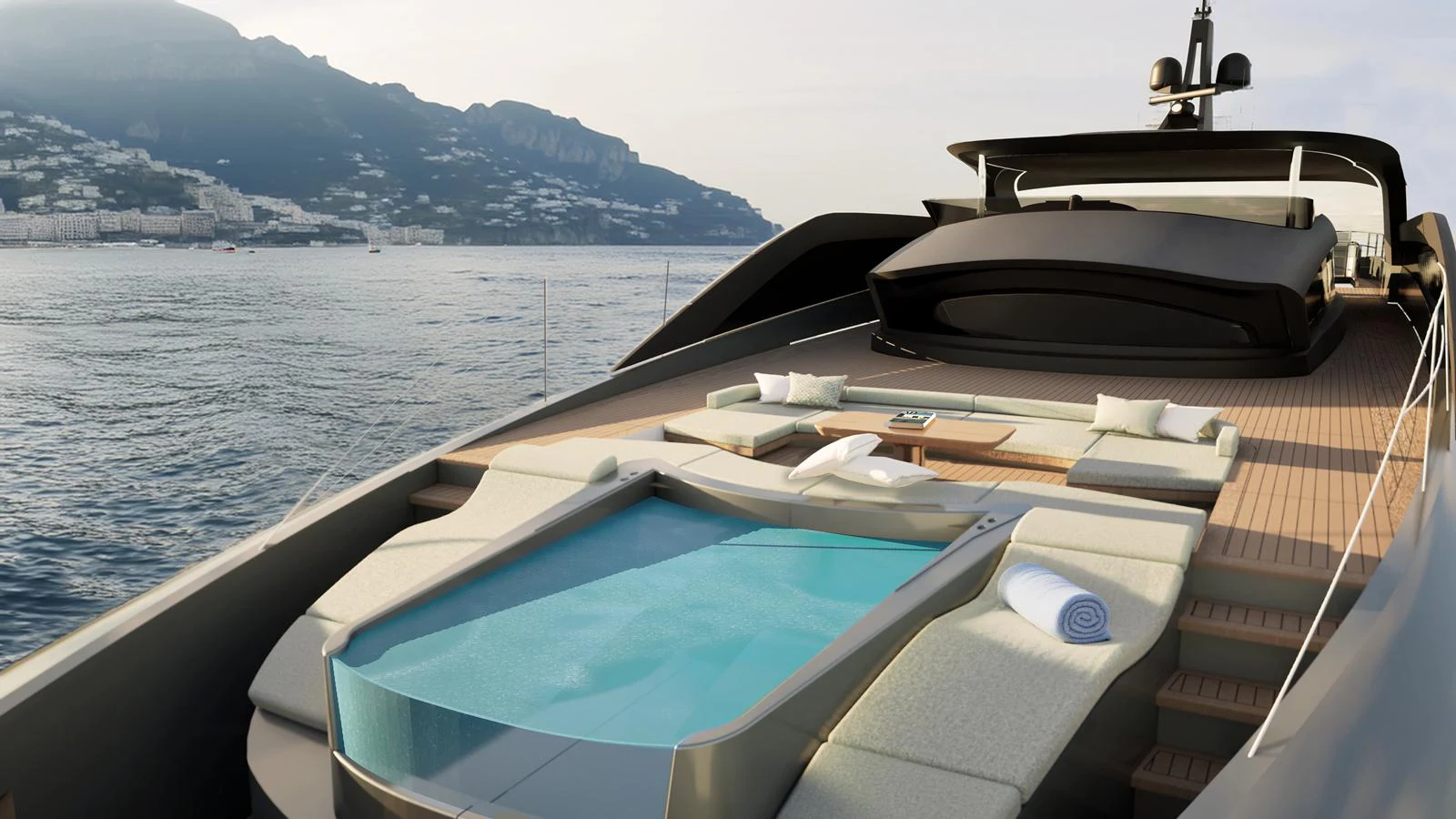 The sundeck features a luxurious pool with surrounding sun loungers, offering a perfect spot for relaxation. aboard 126' AMER F126 Yacht for Sale