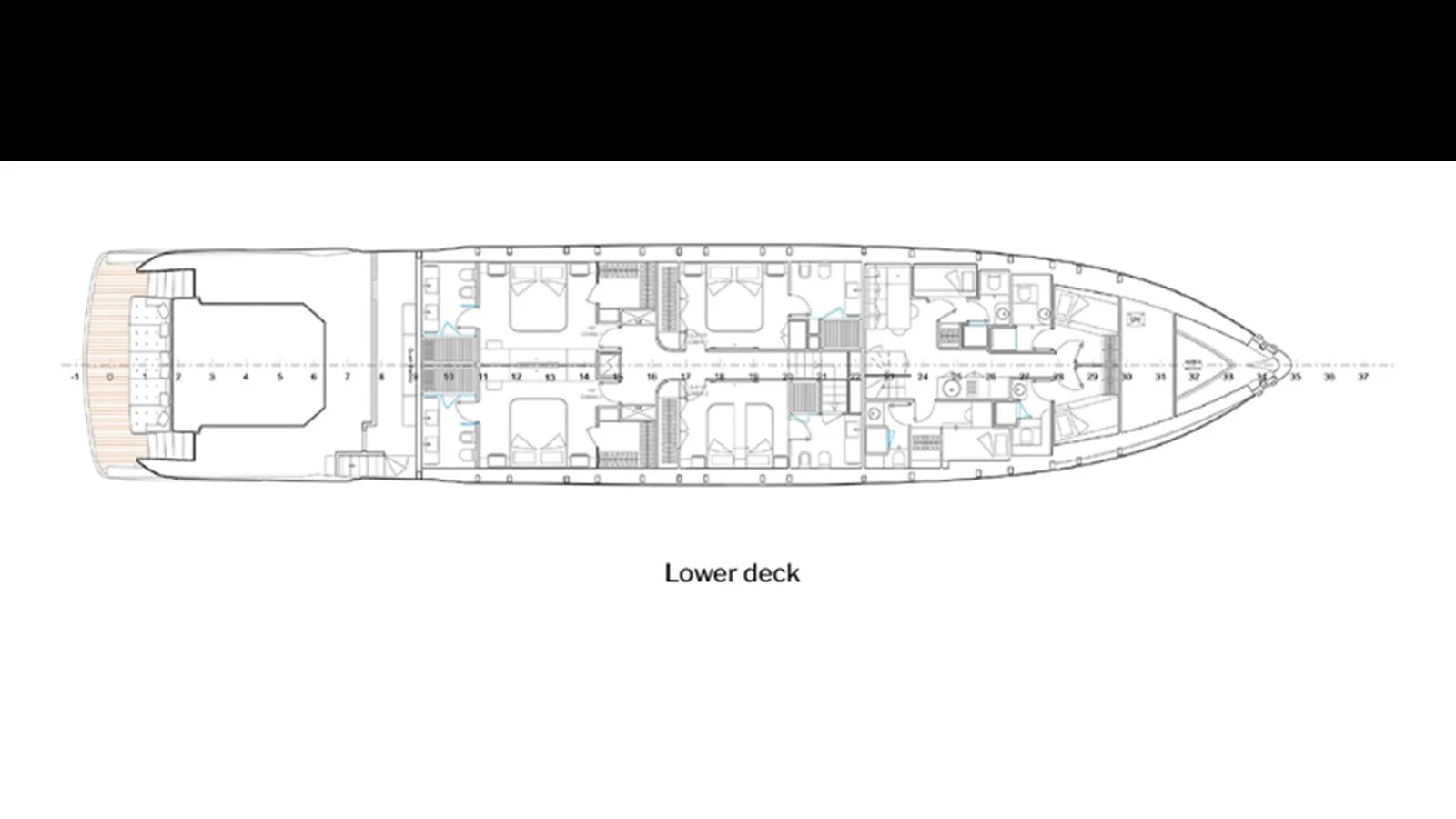 The image shows the layout of the lower deck of the yacht, detailing various rooms and spaces. aboard 126' AMER F126 Yacht for Sale