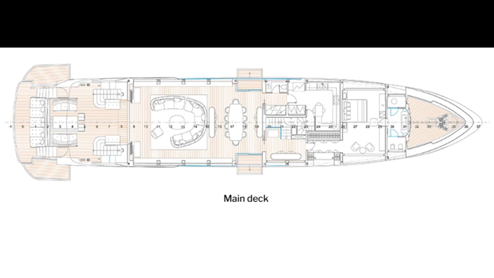 This image shows the detailed layout of the main deck of the yacht. aboard 126' AMER F126 Yacht for Sale