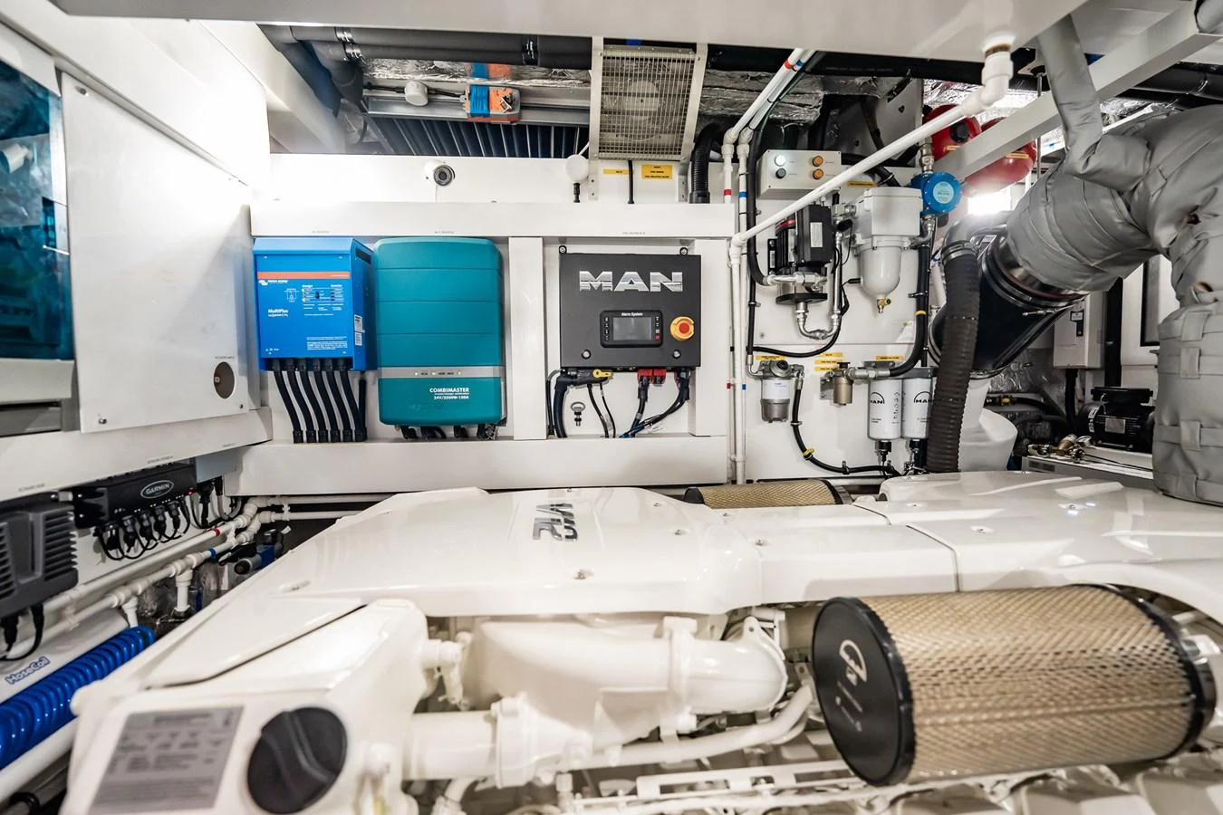 The engine room showcases advanced machinery and equipment, ensuring optimal performance and reliability. aboard BAZINGA Yacht for Sale