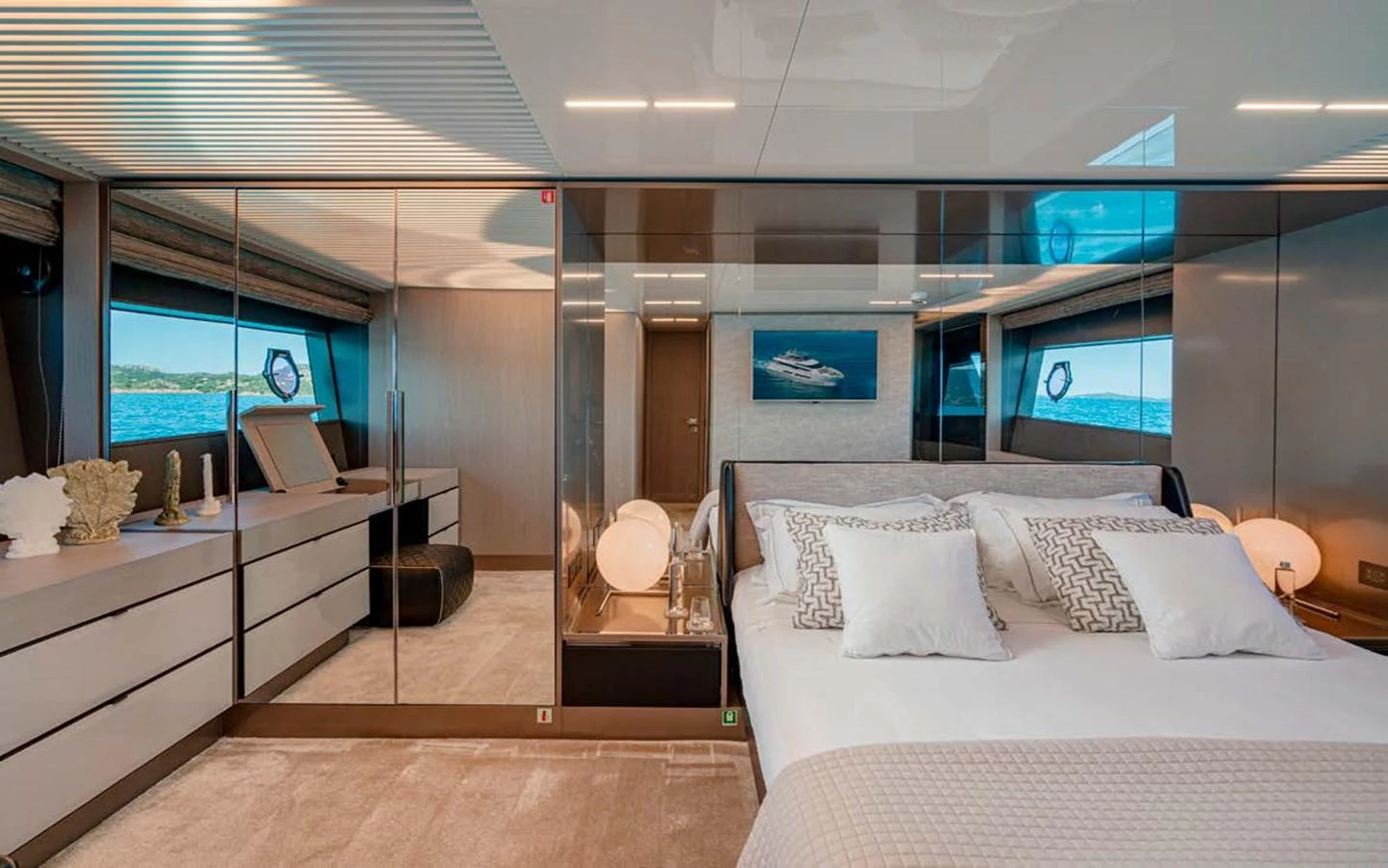 The master stateroom offers a luxurious and spacious retreat with elegant decor and stunning views. aboard E3 Yacht for Sale