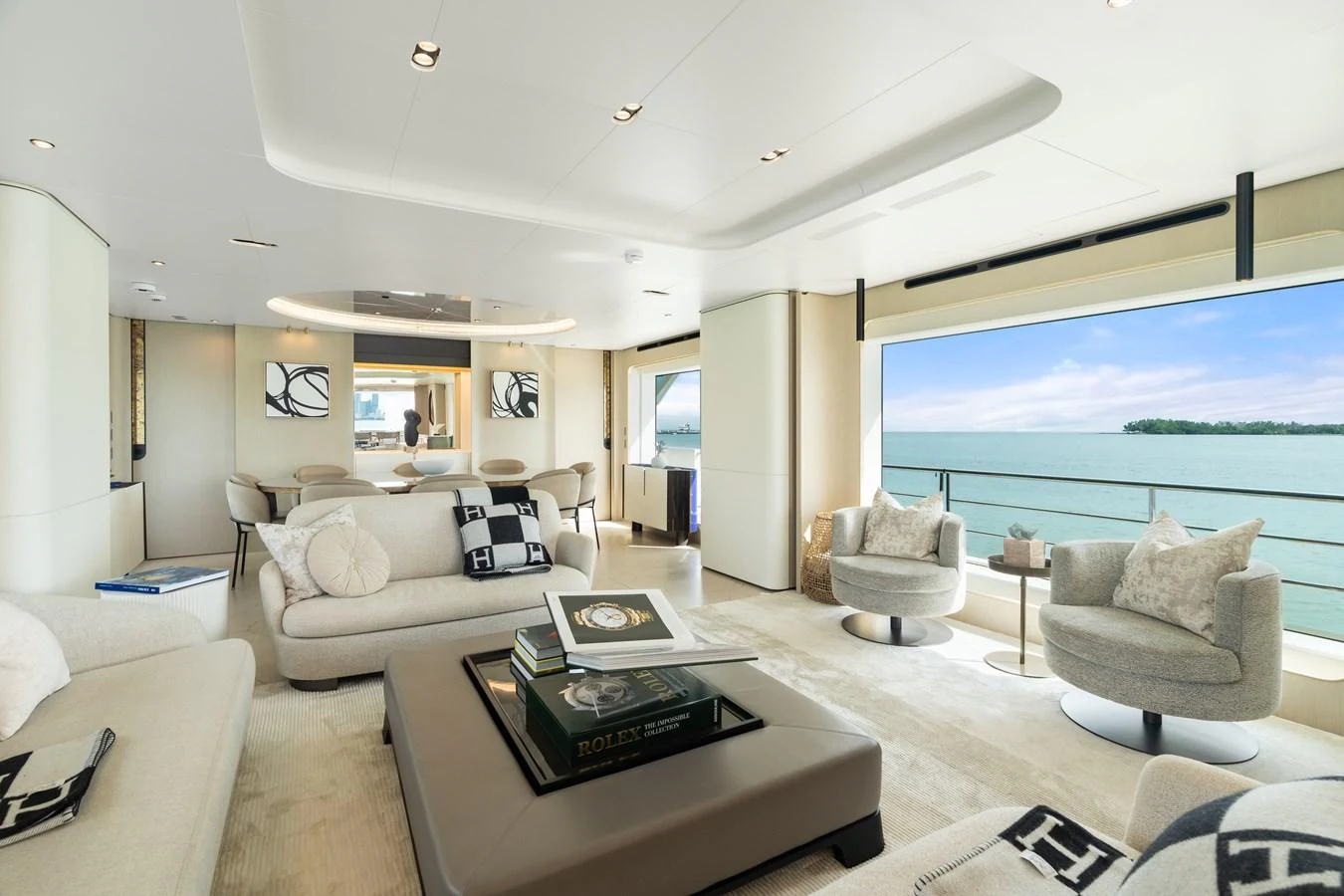 The salon offers a luxurious and spacious area with panoramic views of the sea. aboard AZIMUT GRANDE 32/23 Yacht for Sale