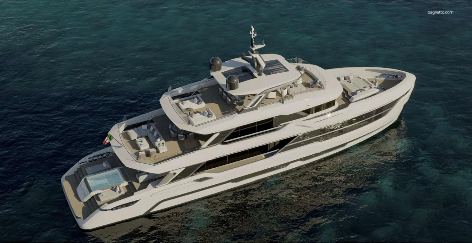 A luxurious yacht glides gracefully on the serene water, showcasing its elegant design and spacious decks. aboard BAGLIETTO DOM115 Yacht for Sale
