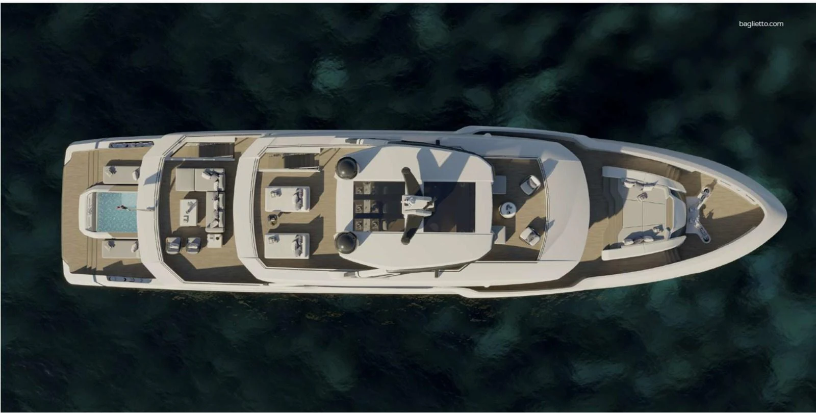 An aerial view of a luxurious yacht showcasing its spacious decks and amenities. aboard BAGLIETTO DOM115 Yacht for Sale