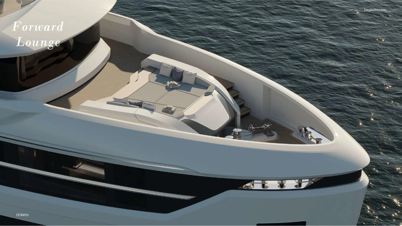 The forward lounge offers a luxurious space for relaxation with plush seating and stunning ocean views. aboard BAGLIETTO DOM115 Yacht for Sale