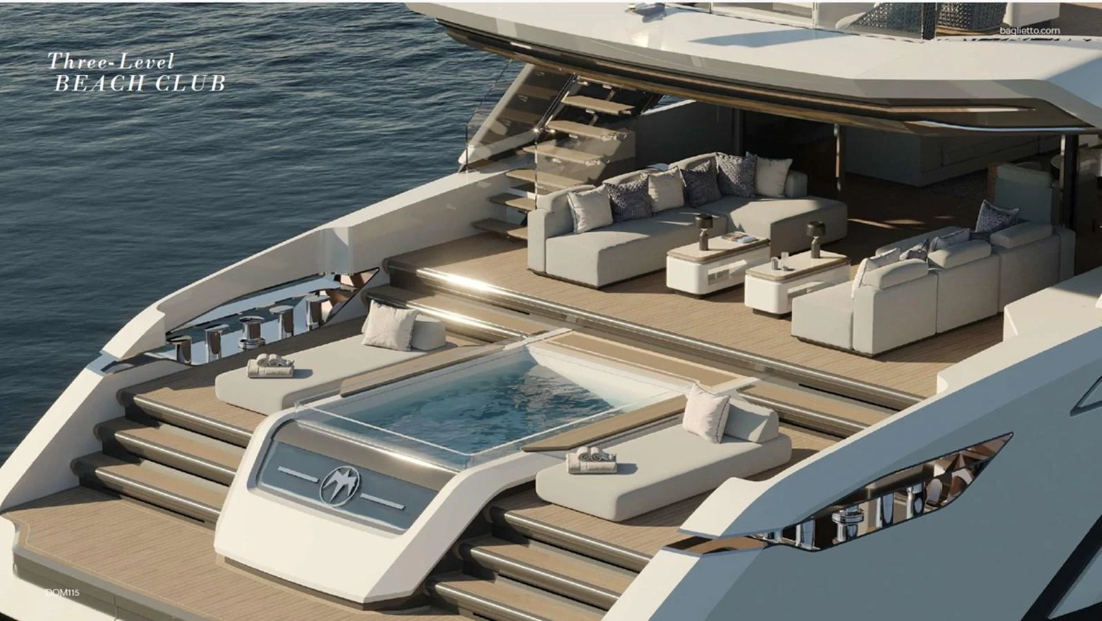 The yacht features a luxurious three-level beach club with ample seating and a central jacuzzi. aboard BAGLIETTO DOM115 Yacht for Sale