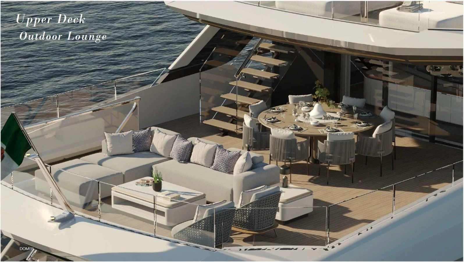 The upper deck outdoor lounge offers a luxurious space for relaxation and dining with stunning views. aboard BAGLIETTO DOM115 Yacht for Sale