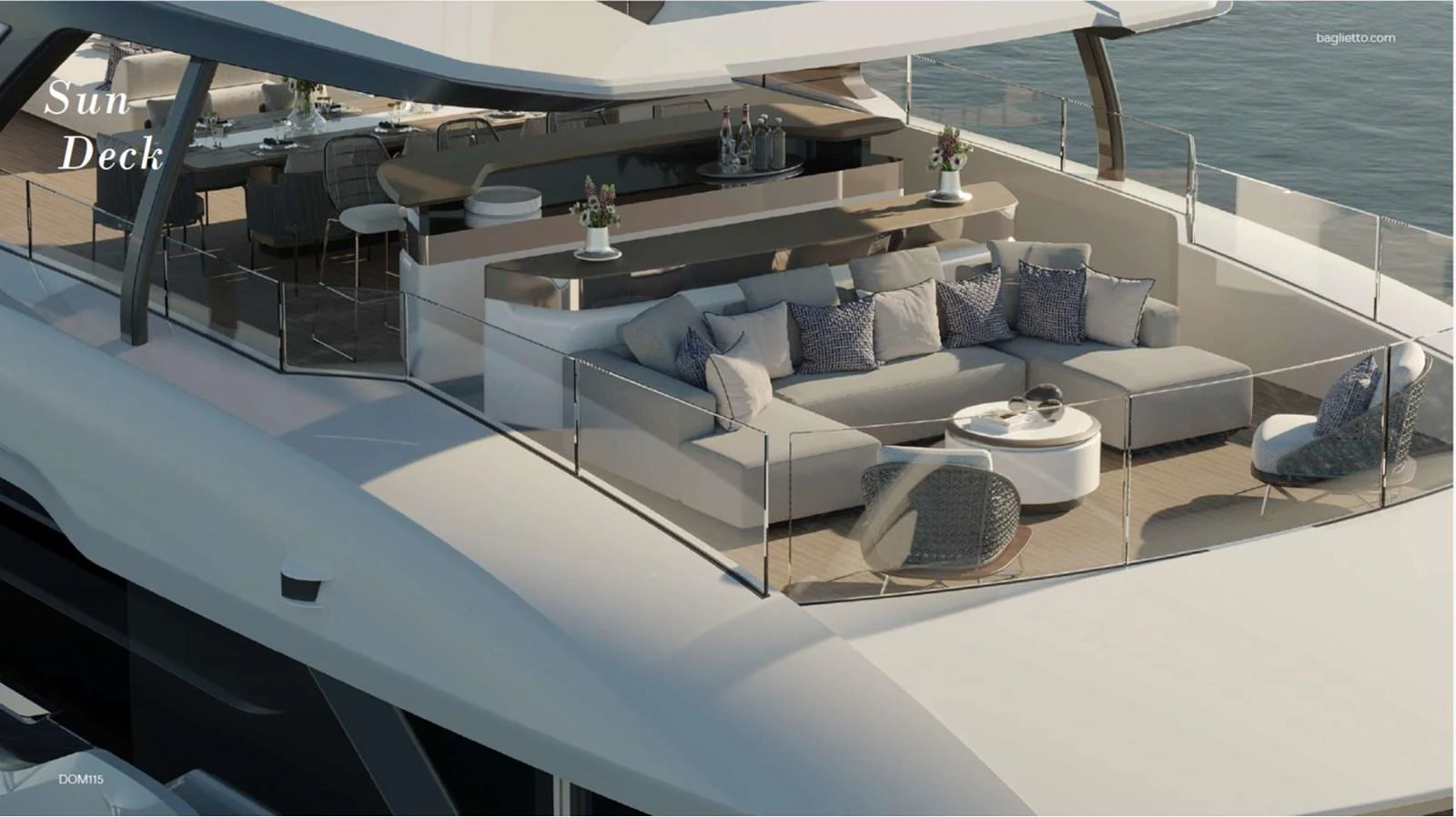 The sundeck features a luxurious seating area with plush cushions and a stylish bar for ultimate relaxation. aboard BAGLIETTO DOM115 Yacht for Sale