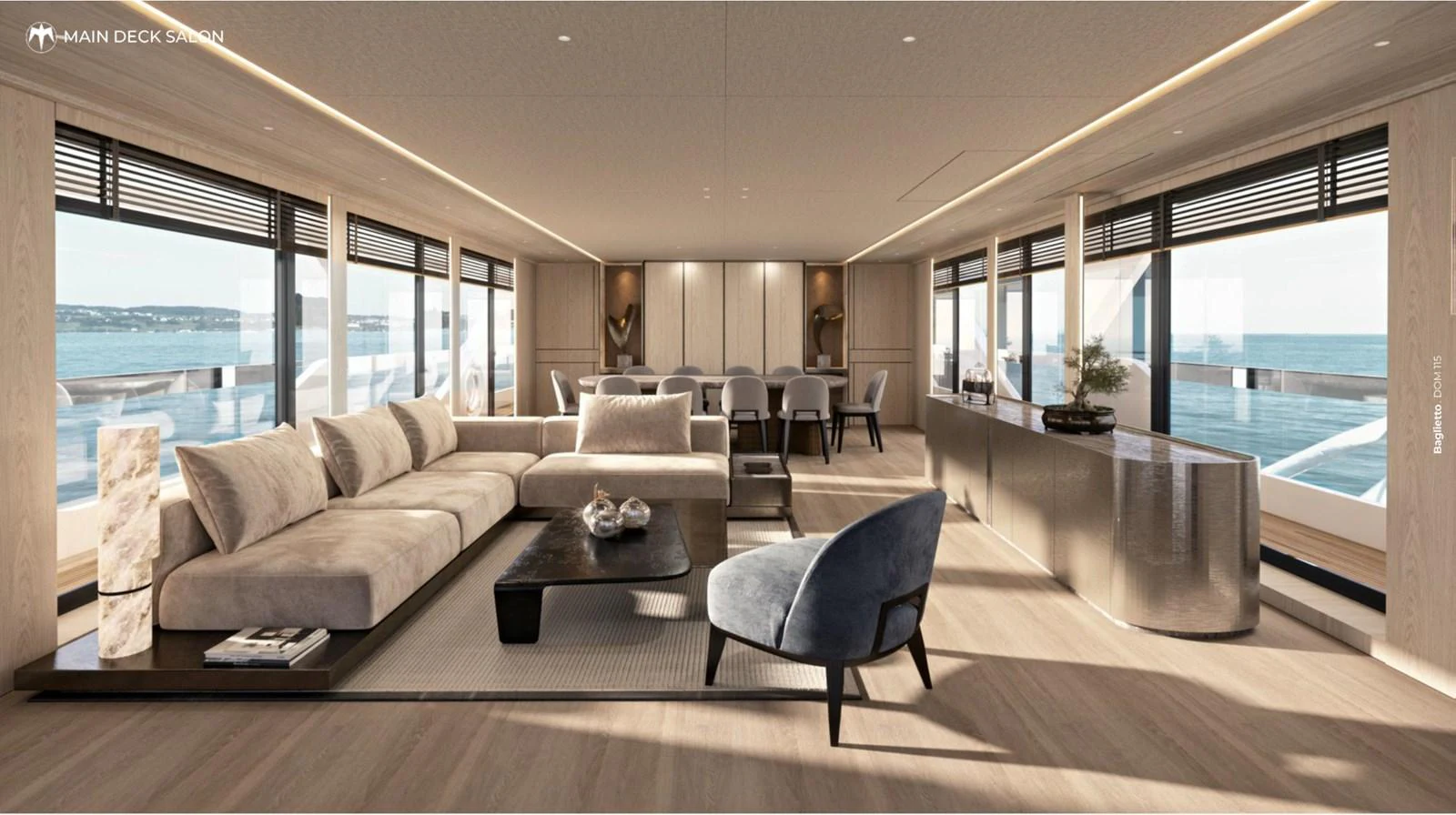 The salon features a spacious and elegant seating area with panoramic ocean views. aboard BAGLIETTO DOM115 Yacht for Sale
