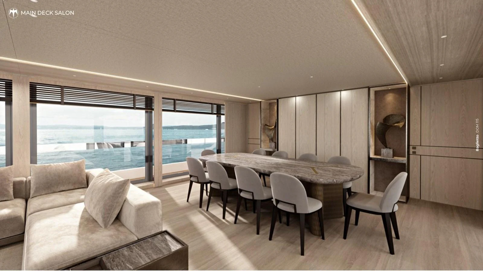 The main deck salon features a spacious seating area with a large dining table, offering panoramic views through expansive windows. aboard BAGLIETTO DOM115 Yacht for Sale