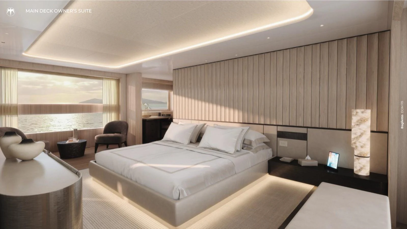 The master stateroom features a luxurious bed with elegant lighting and a serene ocean view. aboard BAGLIETTO DOM115 Yacht for Sale