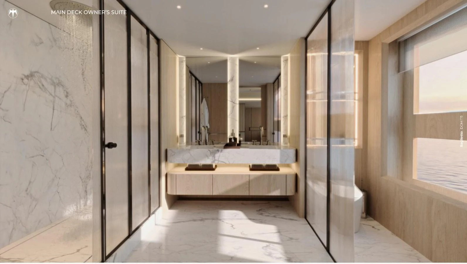 The owner's suite bathroom features a luxurious design with marble accents and ample natural light. aboard BAGLIETTO DOM115 Yacht for Sale