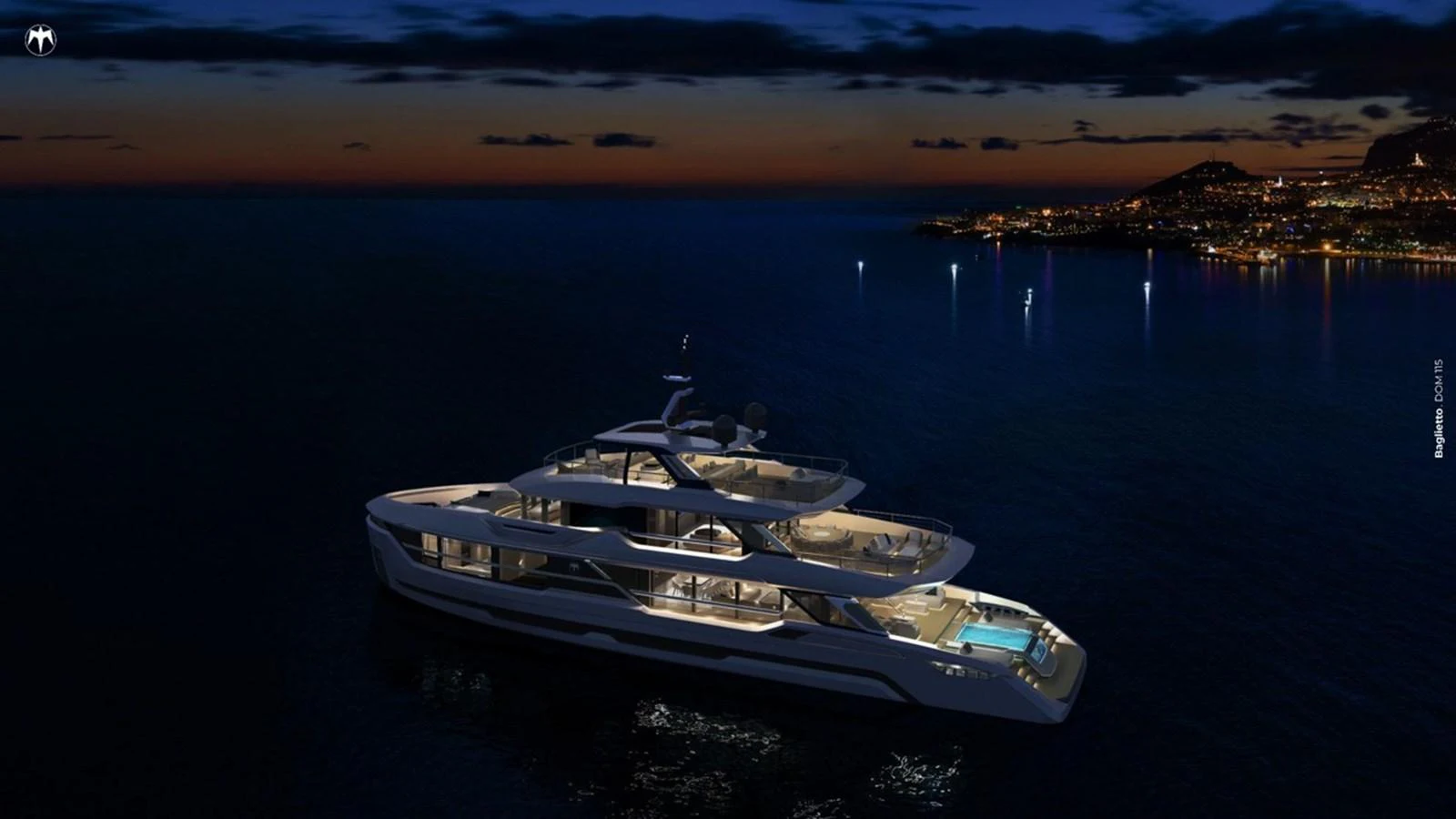 A luxurious yacht is illuminated against a stunning evening backdrop, showcasing its elegant design and spacious decks. aboard BAGLIETTO DOM115 Yacht for Sale