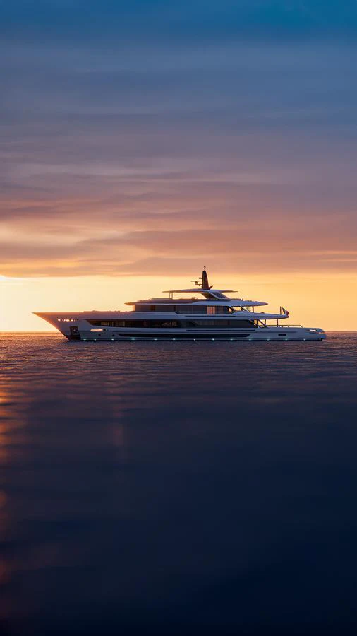 A luxurious yacht is silhouetted against a stunning sunset on calm waters. aboard BAGLIETTO T54 Yacht for Sale