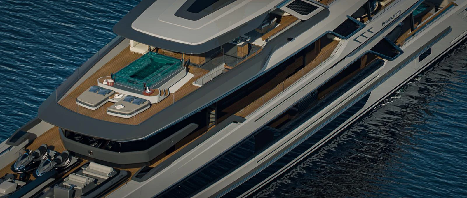 The yacht features a luxurious sundeck with a pool and ample lounging areas. aboard BAGLIETTO T54 Yacht for Sale