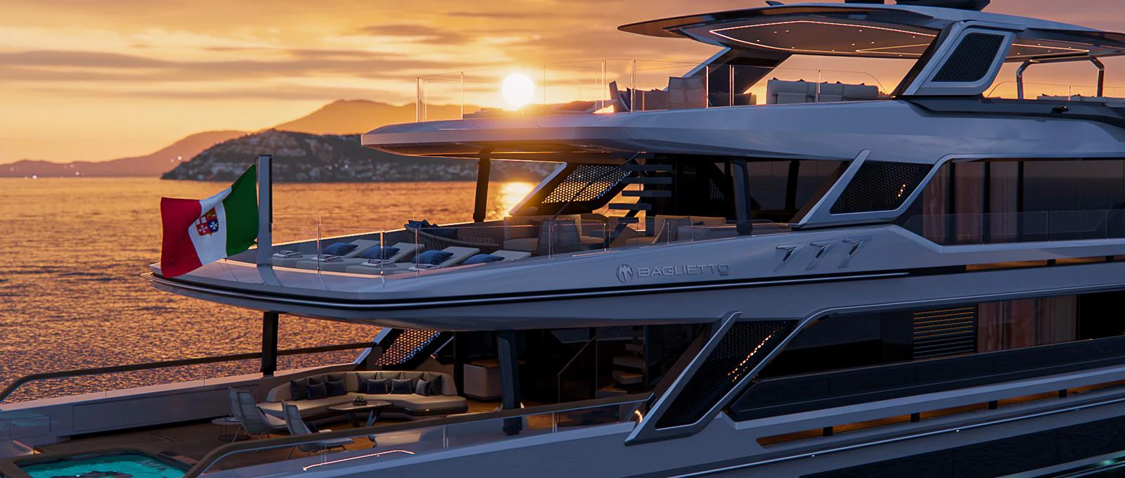 A luxurious yacht is showcased at sunset, highlighting its sleek design and spacious decks. aboard BAGLIETTO T54 Yacht for Sale