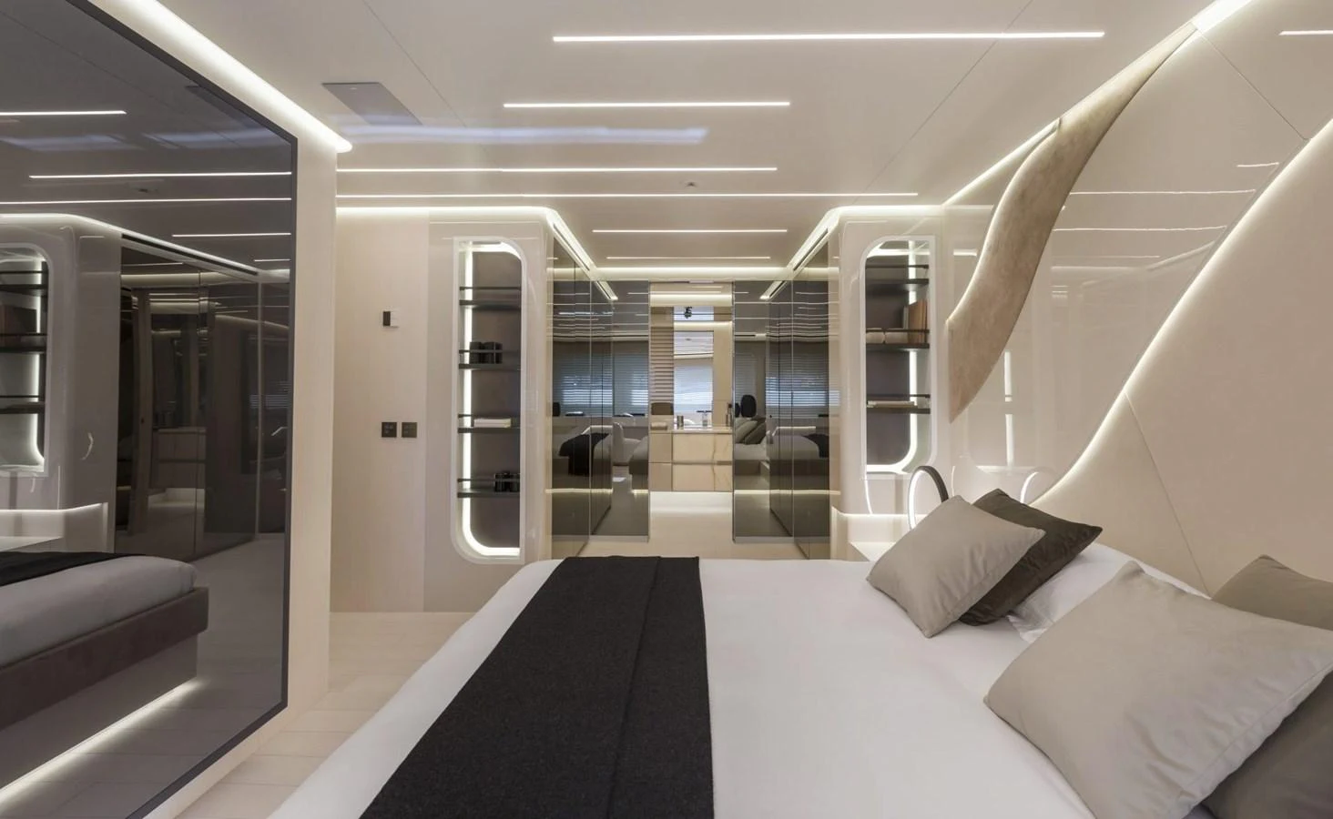 The master stateroom features a modern design with sleek lines and luxurious finishes. aboard REBELLIOUS Yacht for Sale