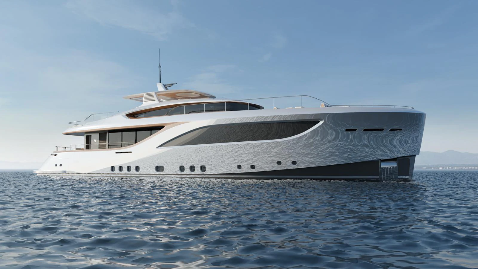 A sleek and modern yacht glides gracefully on calm waters under a clear blue sky. aboard EPOQ Yacht for Sale