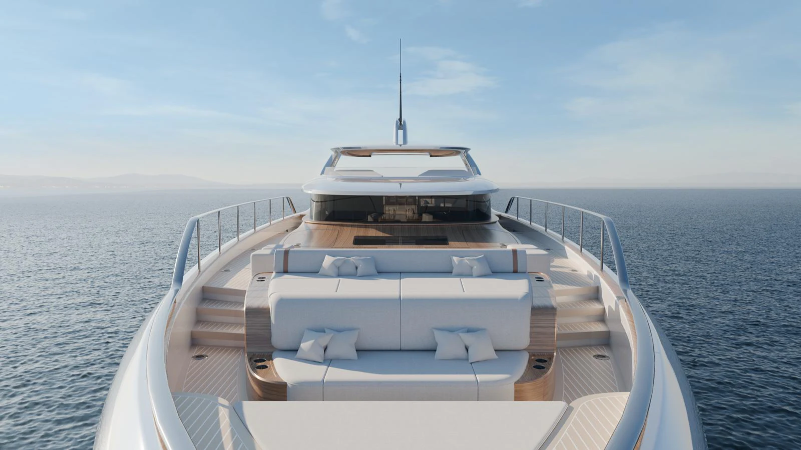 The foredeck features luxurious sun pads and ample seating with panoramic ocean views. aboard EPOQ Yacht for Sale