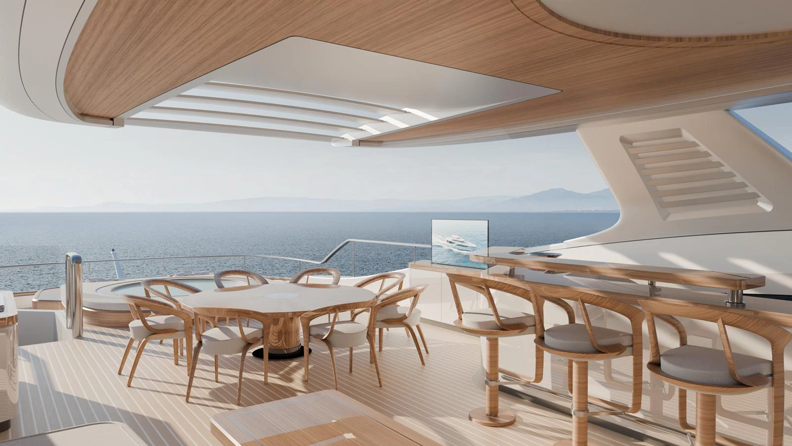 The sundeck offers a luxurious open-air dining and lounging area with stunning ocean views. aboard EPOQ Yacht for Sale
