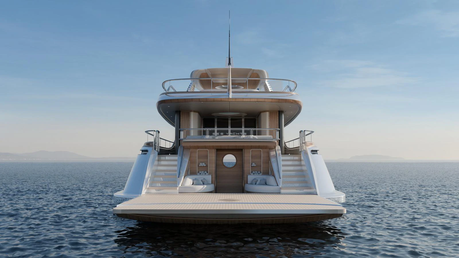 A luxurious yacht with a spacious aft deck and elegant design, floating serenely on calm waters. aboard EPOQ Yacht for Sale