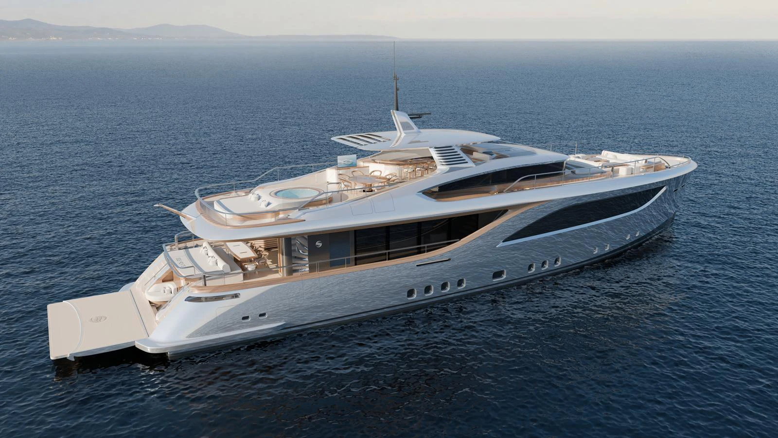A sleek and modern yacht cruising on calm waters, showcasing its elegant design and spacious decks. aboard EPOQ Yacht for Sale