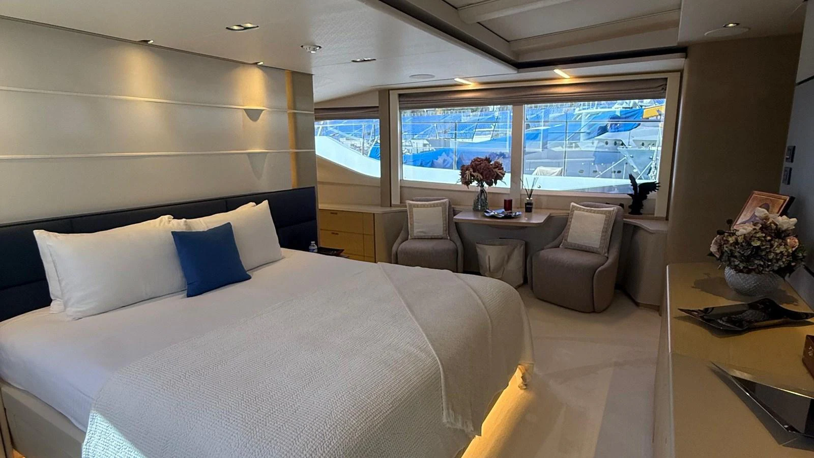 The master stateroom offers a luxurious and spacious retreat with elegant decor and ample natural light. aboard ADROMELIA Yacht for Sale