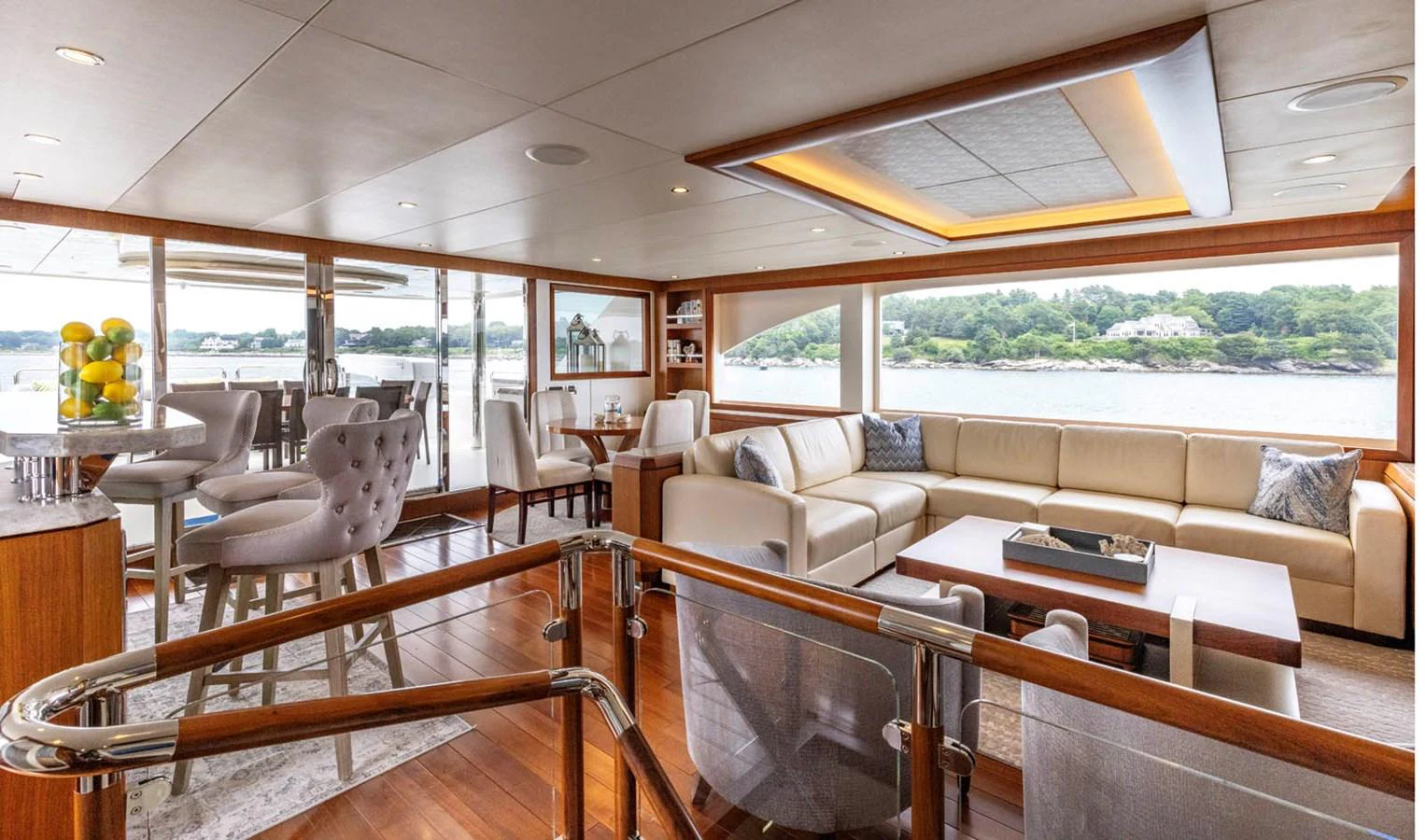 The spacious salon offers a luxurious and comfortable seating area with panoramic views. aboard WRECKLESS Yacht for Sale