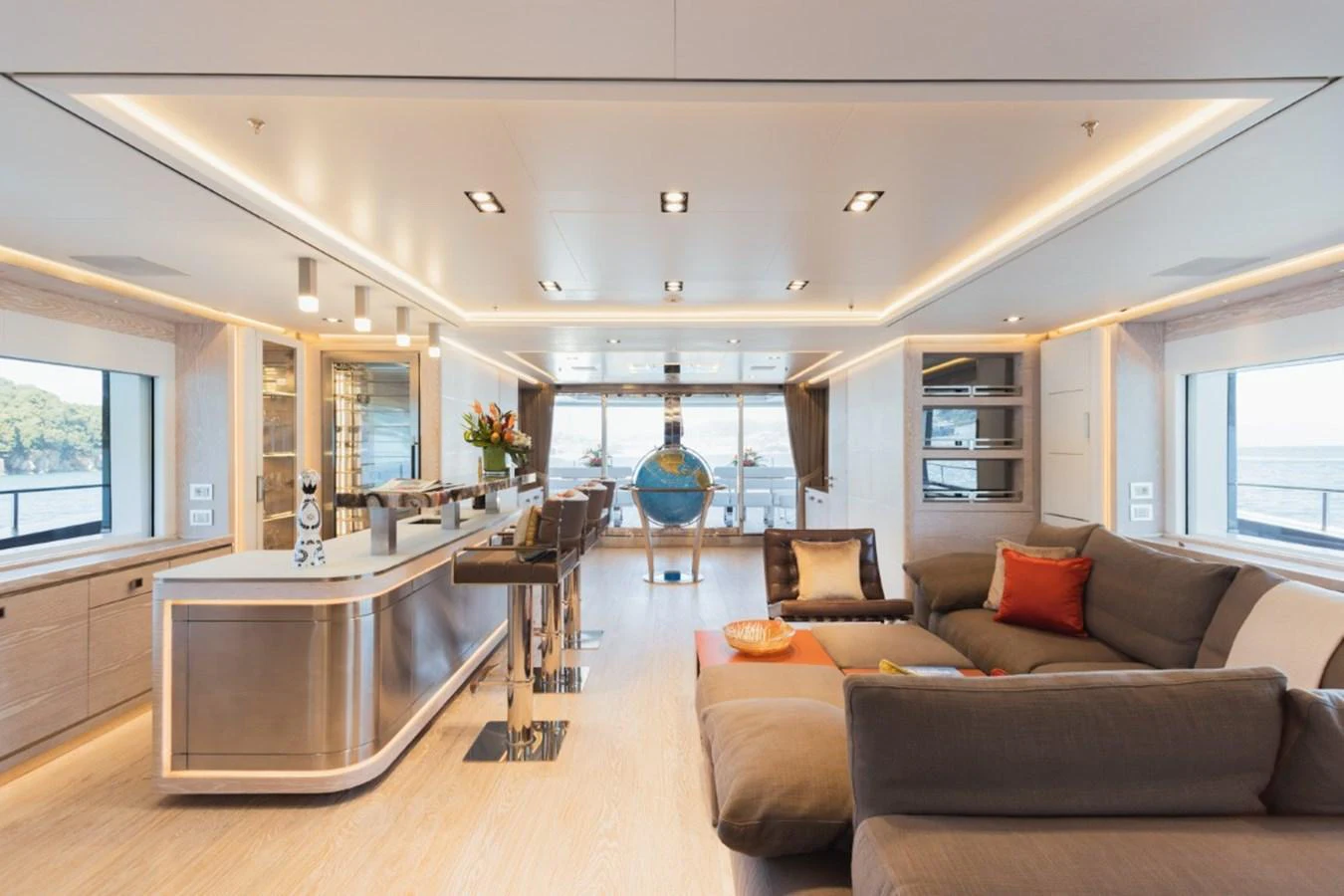 The spacious salon features modern furnishings and ample natural light. aboard PICK UP Yacht for Sale