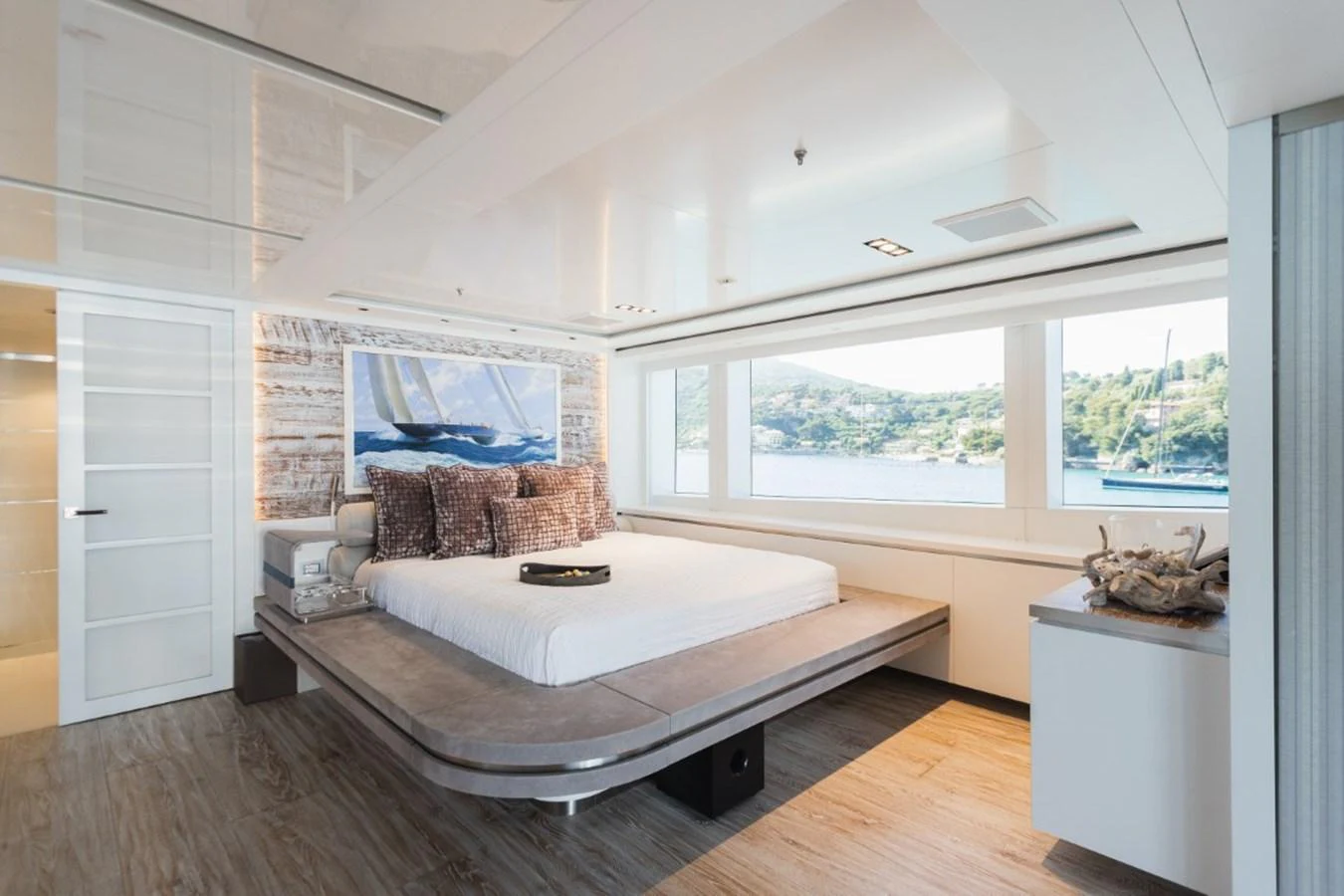 The master stateroom offers a luxurious and spacious retreat with panoramic views. aboard PICK UP Yacht for Sale