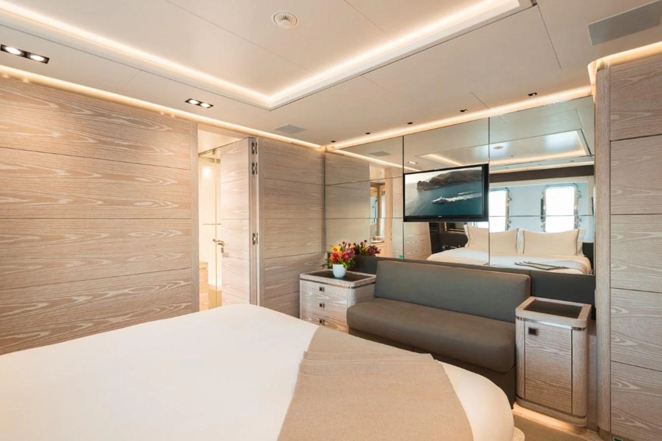The master stateroom offers a luxurious and spacious retreat with modern decor and ample natural light. aboard PICK UP Yacht for Sale