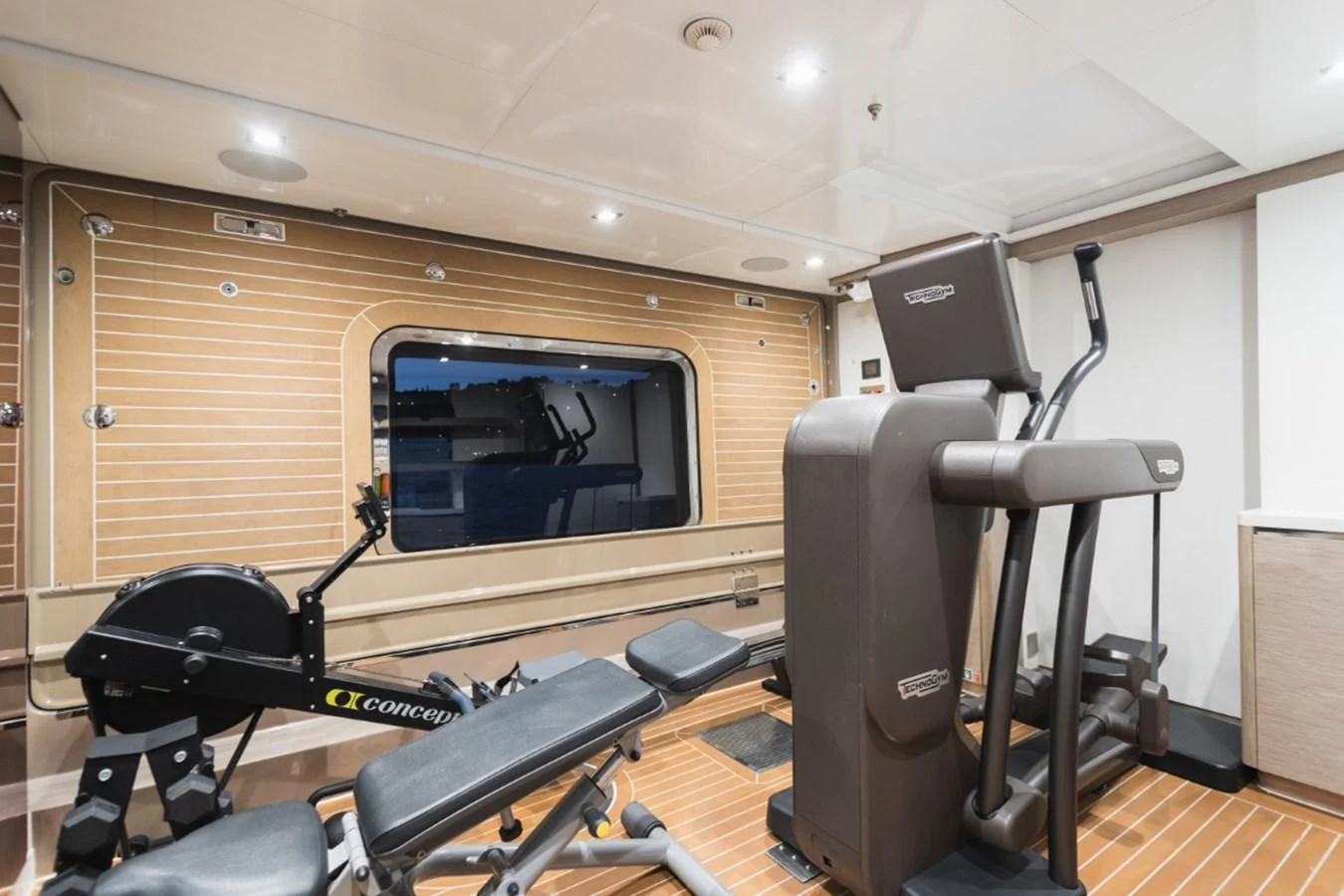 The yacht features a well-equipped gym with modern fitness equipment. aboard PICK UP Yacht for Sale