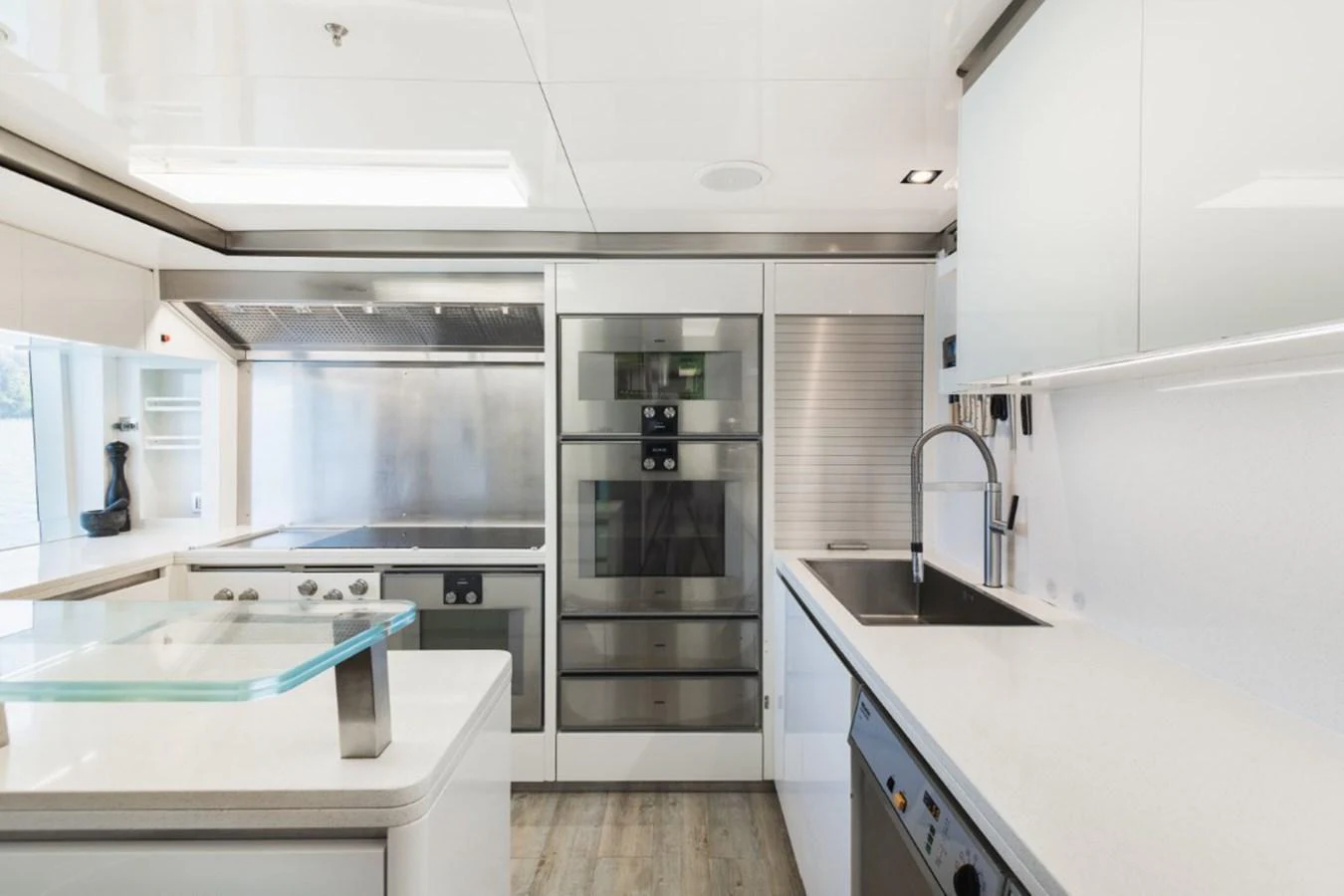 The yacht's galley is modern and well-equipped with sleek appliances and ample counter space. aboard PICK UP Yacht for Sale