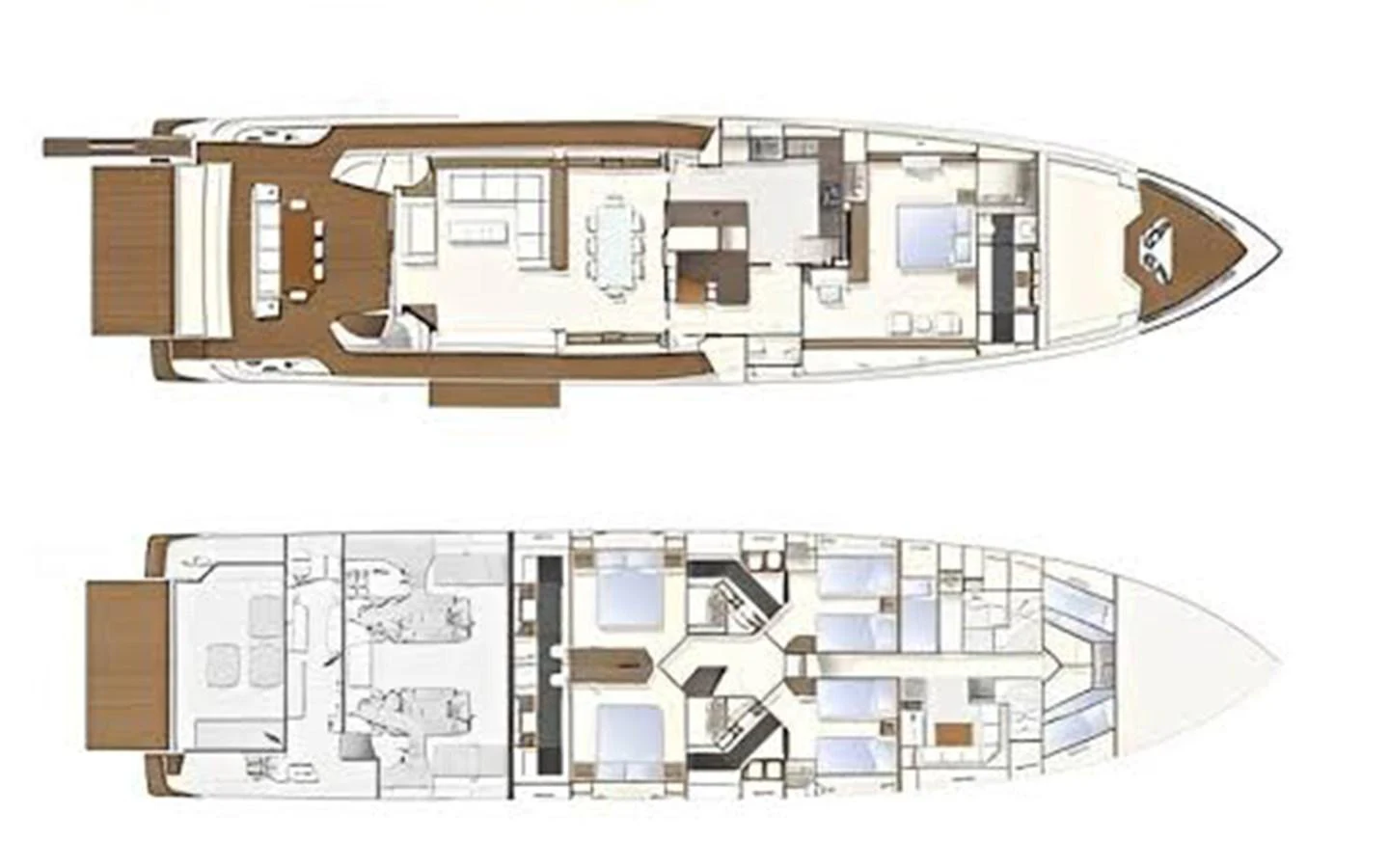 This image showcases the detailed deck plan of a luxury yacht, highlighting its layout and amenities. aboard UHUD Yacht for Sale