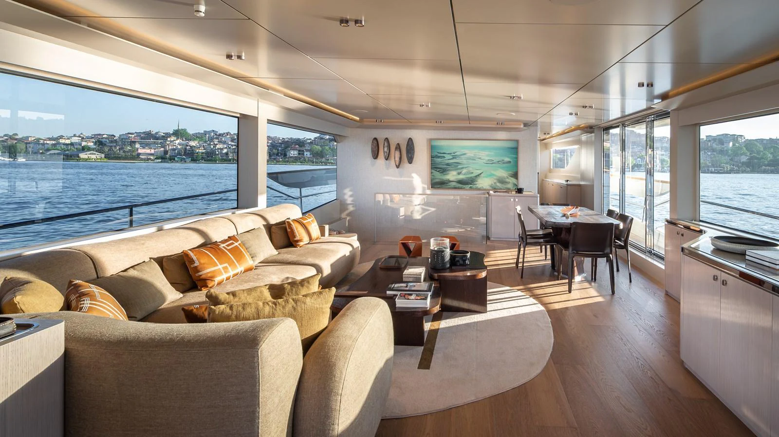 The salon offers a spacious and elegant area with panoramic views and luxurious furnishings. aboard NUMARINE 27XP#6 Yacht for Sale