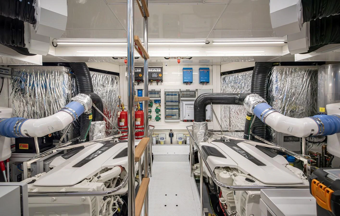 The engine room showcases a meticulously organized and high-tech setup. aboard NUMARINE 27XP#6 Yacht for Sale
