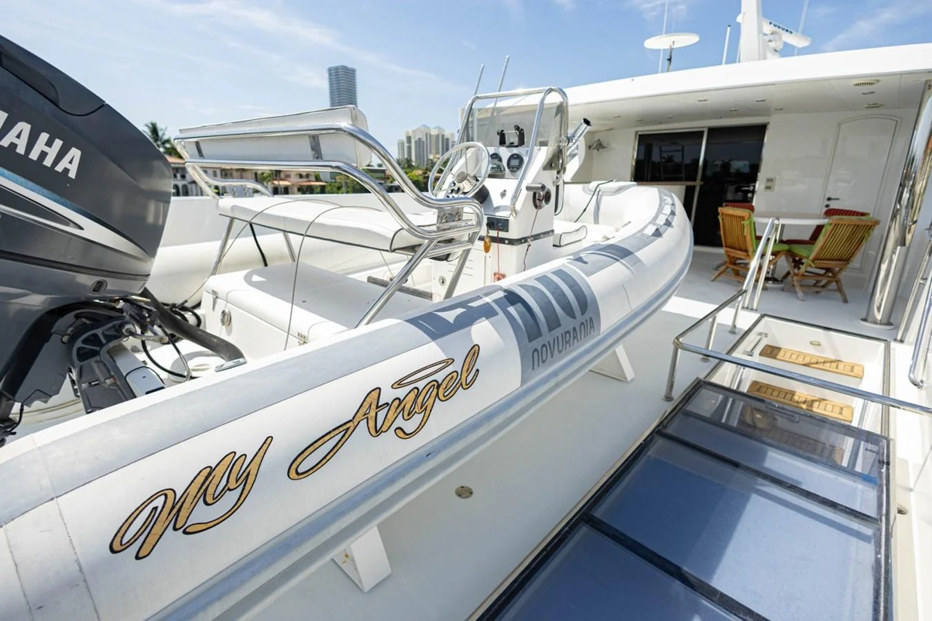 The yacht features a well-equipped tender with a powerful Yamaha engine, ready for excursions. aboard MY ANGEL Yacht for Sale