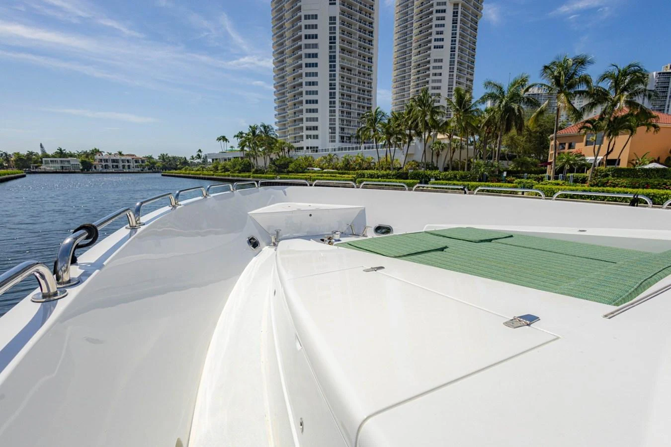 The bow of the yacht offers a spacious and serene area with a view of the surrounding waterfront and skyline. aboard MY ANGEL Yacht for Sale