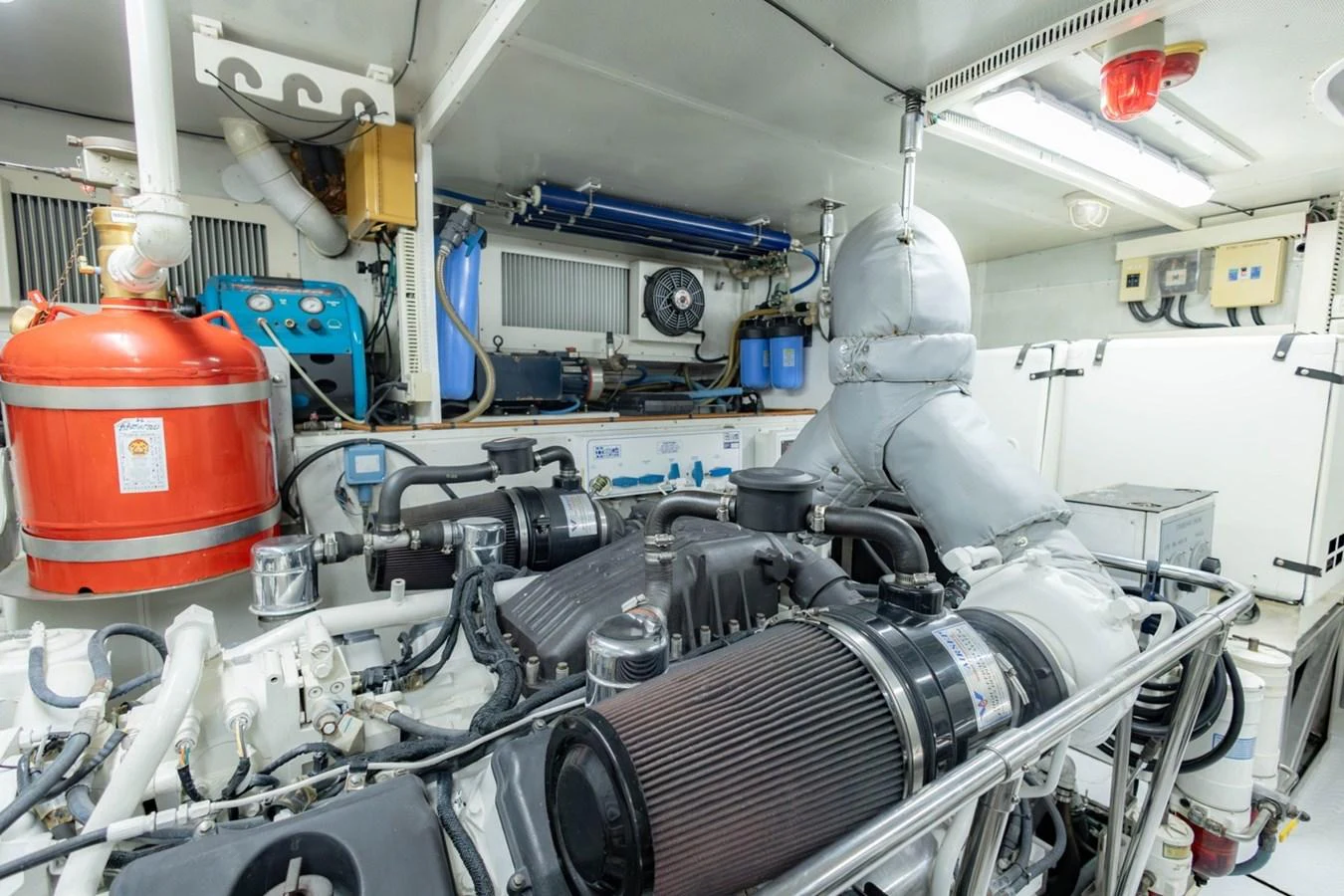 The engine room showcases advanced machinery and well-organized systems. aboard MY ANGEL Yacht for Sale