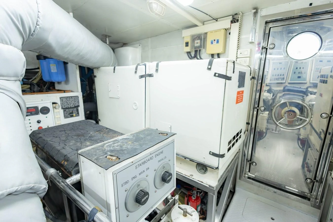 The engine room showcases the yacht's technical equipment and machinery. aboard MY ANGEL Yacht for Sale